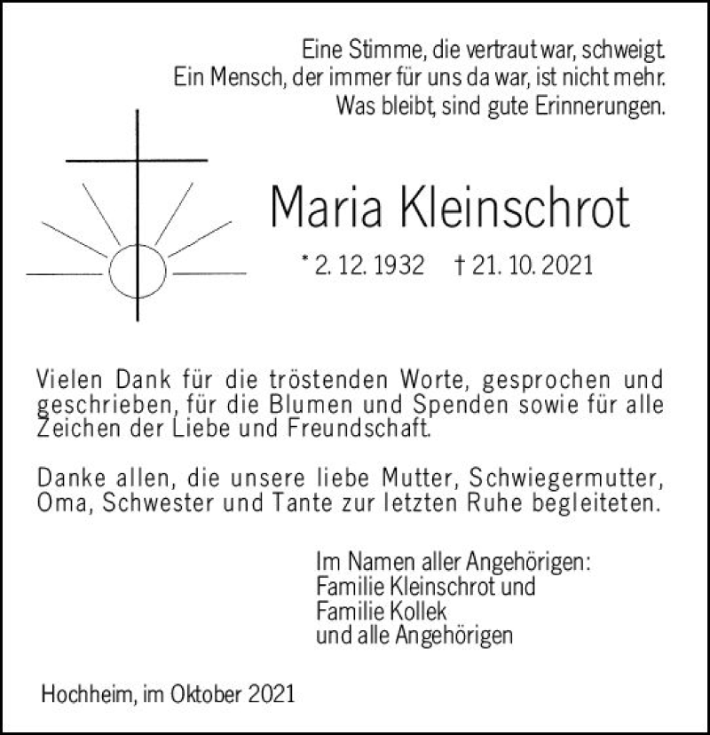  Traueranzeige für Maria Kleinschrot vom 05.11.2021 aus vrm-trauer