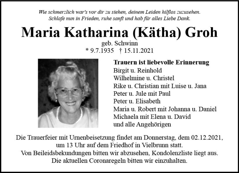  Traueranzeige für Maria Katharina Groh vom 27.11.2021 aus vrm-trauer