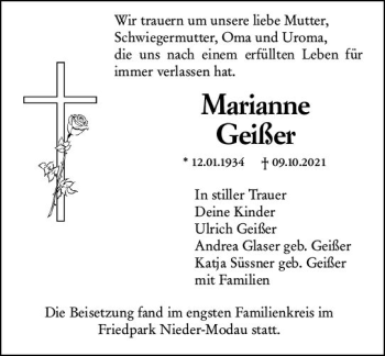 Traueranzeige von Marianne Geißer von vrm-trauer