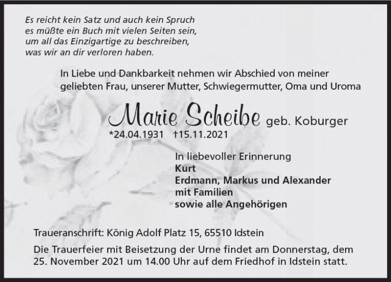  Traueranzeige für Marie Scheibe vom 20.11.2021 aus vrm-trauer