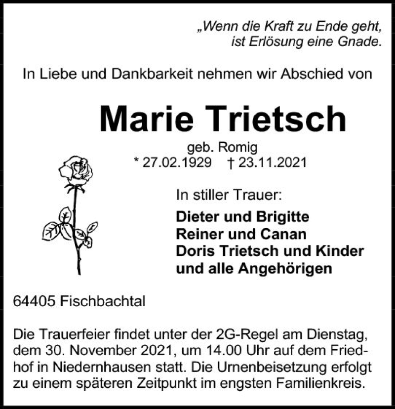  Traueranzeige für Marie Trietsch vom 27.11.2021 aus vrm-trauer