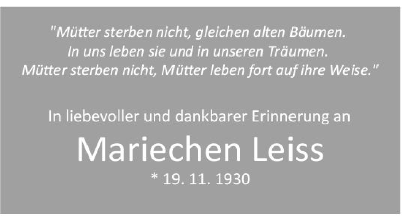  Traueranzeige für Mariechen Leiss vom 19.11.2021 aus vrm-trauer