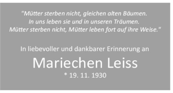 Traueranzeige von Mariechen Leiss von vrm-trauer