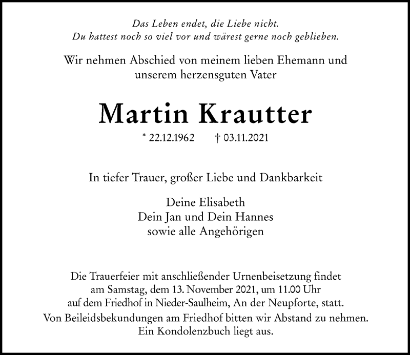  Traueranzeige für Martin Krautter vom 06.11.2021 aus vrm-trauer