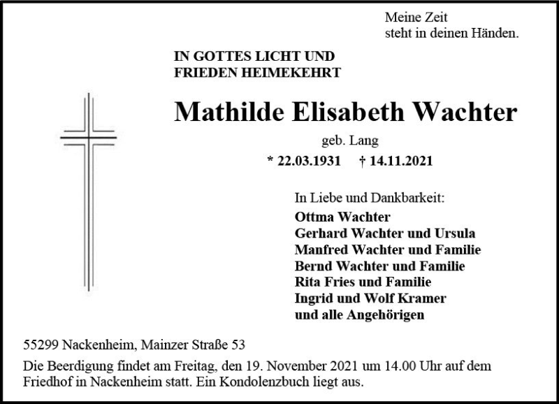  Traueranzeige für Mathilde Elisabeth Wachter vom 17.11.2021 aus vrm-trauer