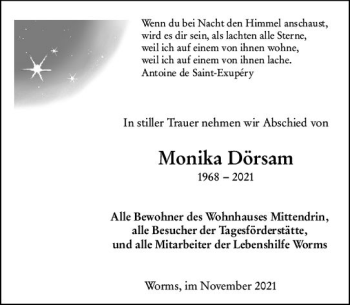 Traueranzeige von Monika Dörsam von vrm-trauer