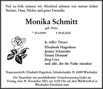 Traueranzeige von Monika Schmitt von vrm-trauer