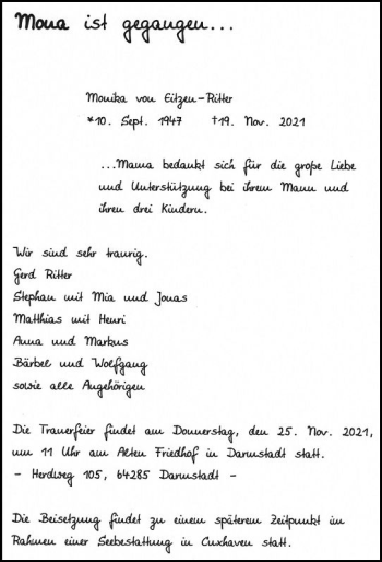 Traueranzeige von Monika von Eitzen-Ritter von vrm-trauer