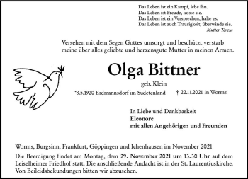 Traueranzeige von Olga Bittner von vrm-trauer