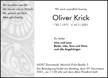 Traueranzeige von Oliver Krick von vrm-trauer