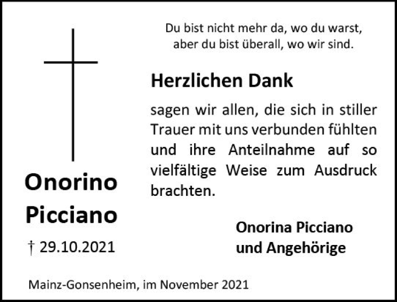  Traueranzeige für Onorino Picciano vom 27.11.2021 aus vrm-trauer