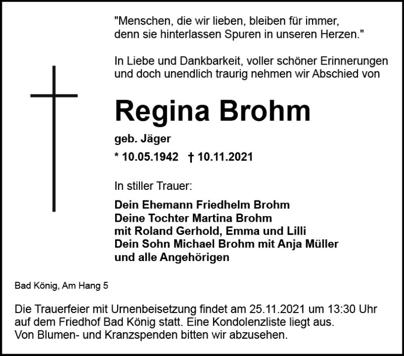  Traueranzeige für Regina Brohm vom 20.11.2021 aus vrm-trauer