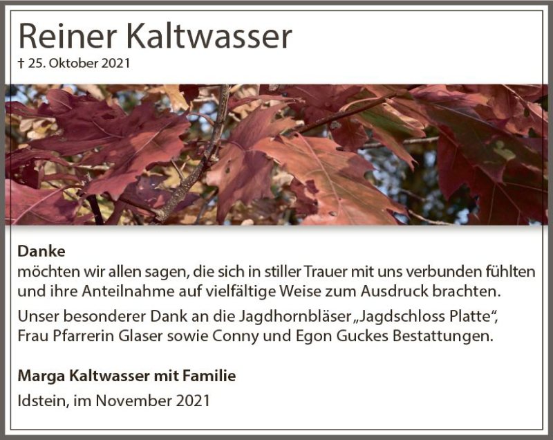  Traueranzeige für Reiner Kaltwasser vom 27.11.2021 aus vrm-trauer