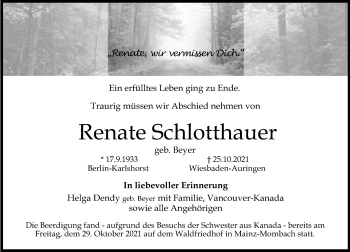 Traueranzeige von Renate Schlotthauer von vrm-trauer
