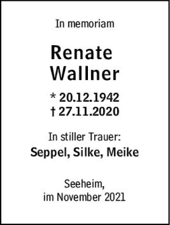 Traueranzeige von Renate Wallner von vrm-trauer