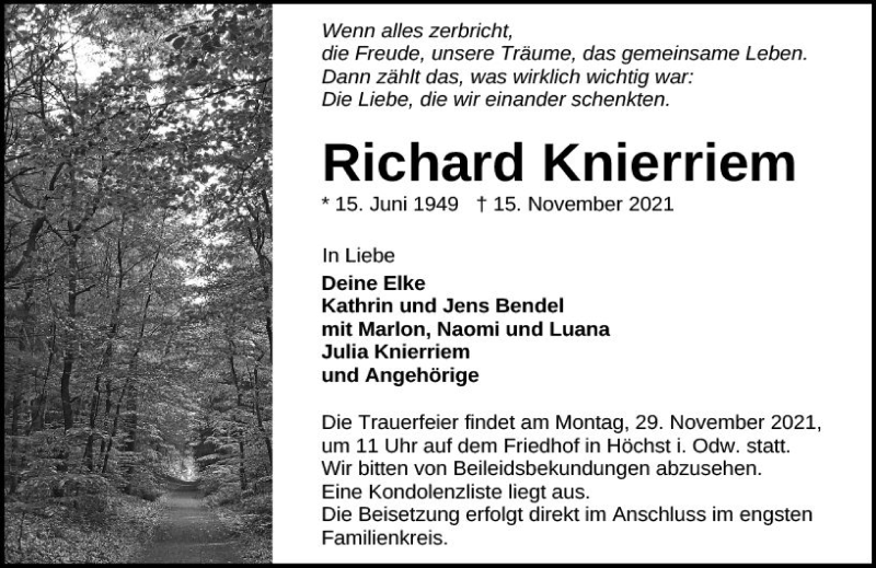  Traueranzeige für Richard Knierriem vom 27.11.2021 aus vrm-trauer