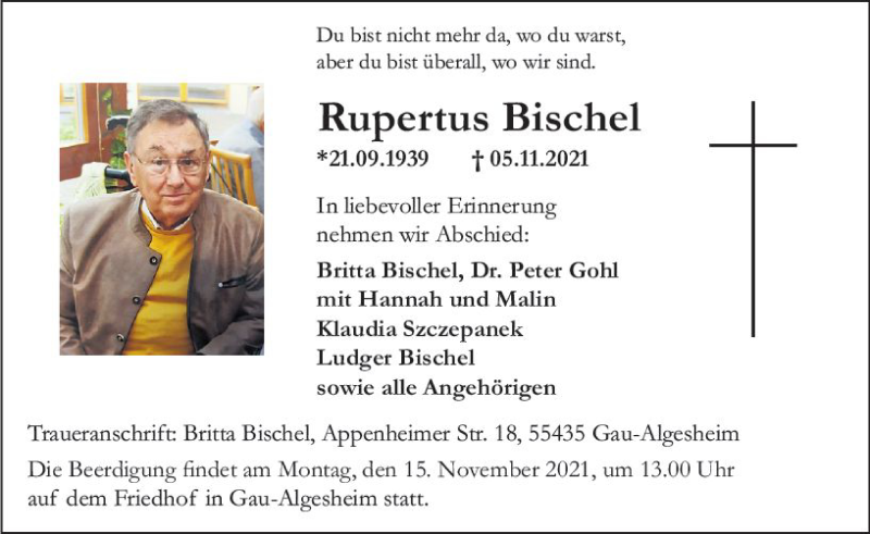  Traueranzeige für Rupertus Bischel vom 10.11.2021 aus vrm-trauer