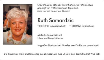 Traueranzeige von Ruth Samardzic von vrm-trauer