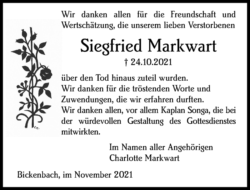  Traueranzeige für Siegfried Markwart vom 13.11.2021 aus vrm-trauer