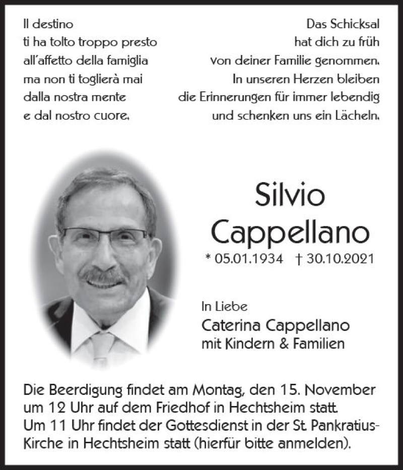  Traueranzeige für Silvio Cappellano vom 13.11.2021 aus vrm-trauer