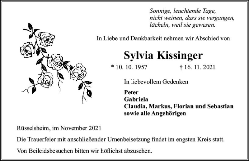  Traueranzeige für Sylvia Kissinger vom 27.11.2021 aus vrm-trauer