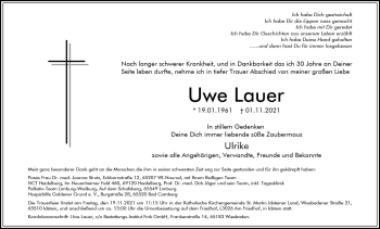 Traueranzeige von Uwe Lauer von vrm-trauer