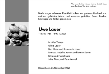 Traueranzeige von Uwe Lauer von vrm-trauer