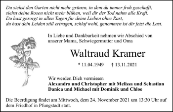 Traueranzeige von Waltraud Kramer von vrm-trauer