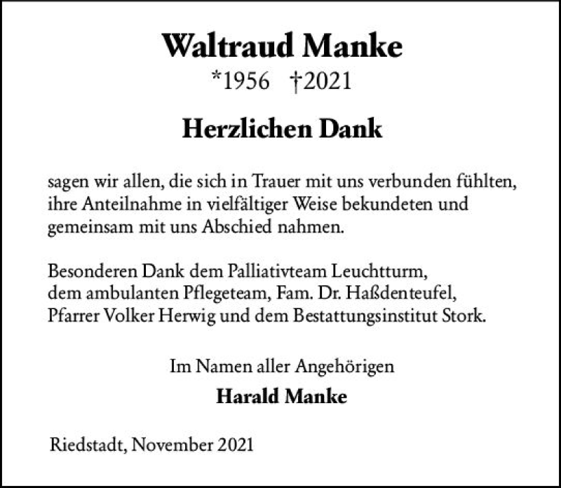  Traueranzeige für Waltraud Manke vom 04.11.2021 aus vrm-trauer
