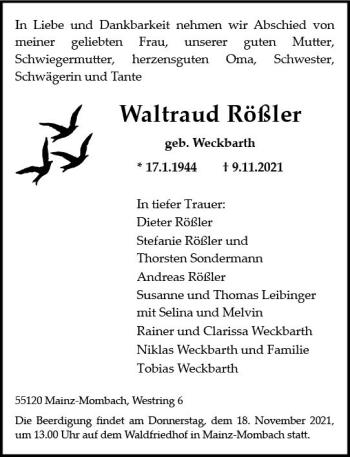 Traueranzeige von Waltraud Rößler von vrm-trauer