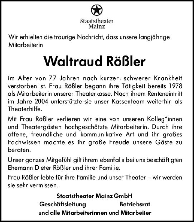  Traueranzeige für Waltraud Rößler vom 13.11.2021 aus vrm-trauer