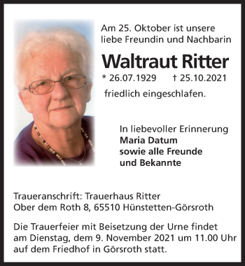 Traueranzeige von Waltraut Ritter von vrm-trauer