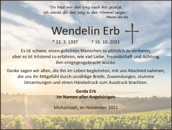 Traueranzeige von Wendelin Erb von vrm-trauer