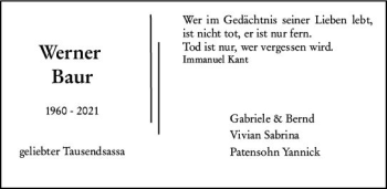 Traueranzeige von Werner Baur von vrm-trauer
