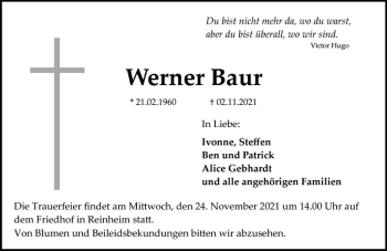 Traueranzeige von Werner Baur von vrm-trauer