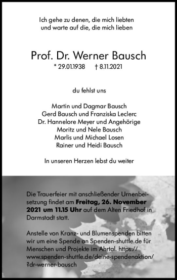 Traueranzeige von Werner Bausch von vrm-trauer