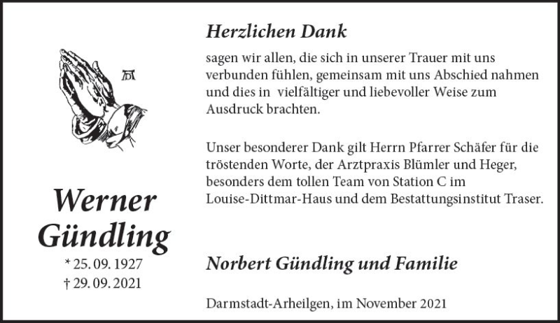  Traueranzeige für Werner Gündling vom 13.11.2021 aus vrm-trauer