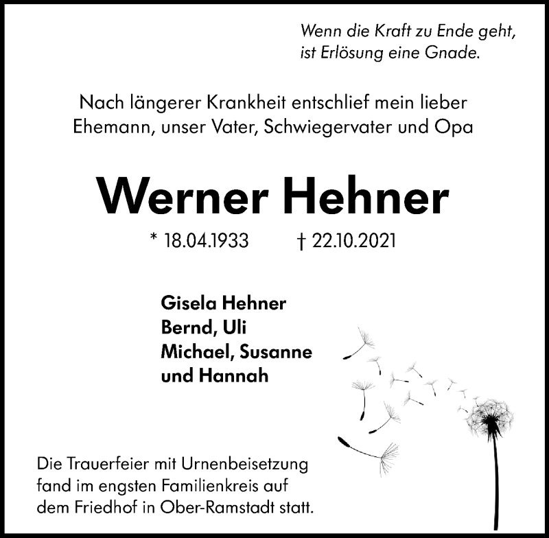  Traueranzeige für Werner Hehner vom 13.11.2021 aus vrm-trauer