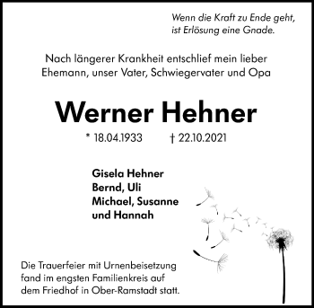 Traueranzeige von Werner Hehner von vrm-trauer