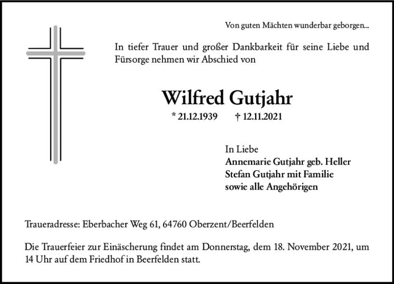 Traueranzeige für Wilfred Gutjahr vom 16.11.2021 aus vrm-trauer