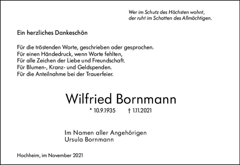  Traueranzeige für Wilfried Bornmann vom 26.11.2021 aus vrm-trauer