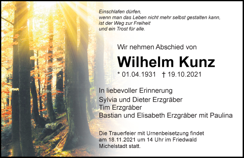  Traueranzeige für Wilhelm Kunz vom 13.11.2021 aus vrm-trauer