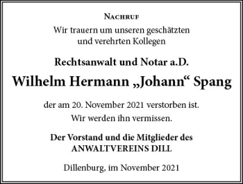 Traueranzeige von Wilhelm Hermann  Spang von  Dill Block