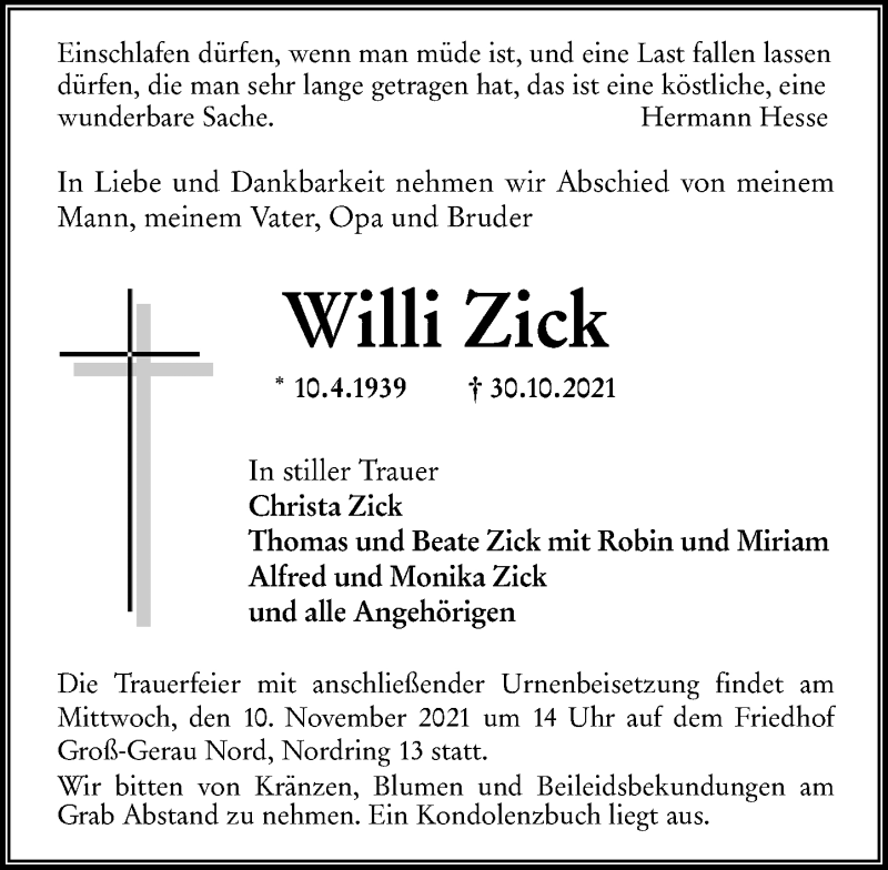  Traueranzeige für Willi Zick vom 06.11.2021 aus vrm-trauer