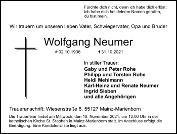 Traueranzeige von Wolfgang Neumer von vrm-trauer