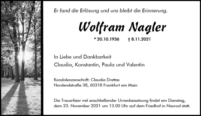  Traueranzeige für Wolfram Nagler vom 13.11.2021 aus vrm-trauer
