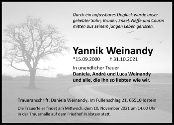 Traueranzeige von Yannik Weinandy von vrm-trauer