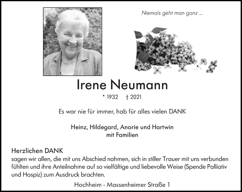  Traueranzeige für Irene Neumann vom 17.12.2021 aus VRM-TRAUER