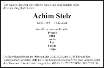 Traueranzeige von Achim Stelz von vrm-trauer