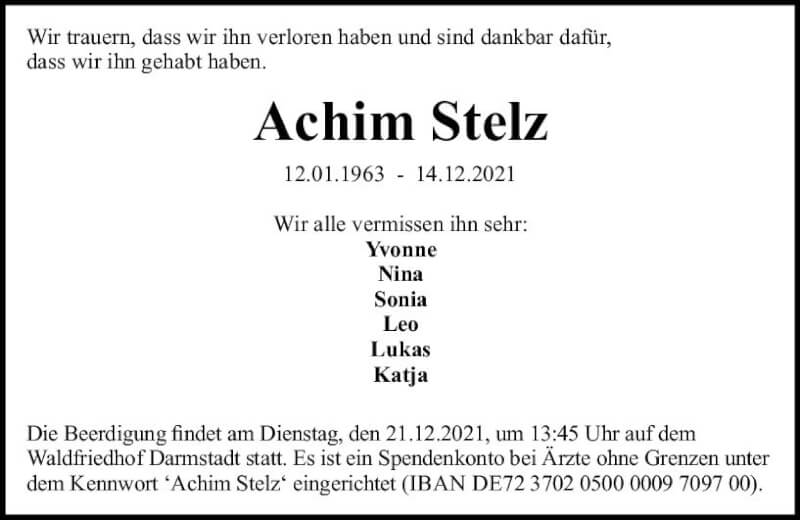  Traueranzeige für Achim Stelz vom 18.12.2021 aus vrm-trauer